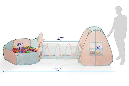UTEX 3 in 1 Pop Up Play Tent with Tunnel, Ball Pit for Kids, Boys, Girls, Babies and Toddlers, Indoor/Outdoor Playhouse - color: Pink/ Green & Ball Pit