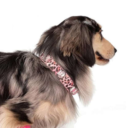 Luxury K9 Crystal Dog Collar -Waterproof Wear-Resistant Microfiber Leather with Hand-Set Rhinestone Gems, Durable Metal Buckle, Adjustable Bling Collar for Small Medium Large Dogs (Pink Leopard, M) - color: Pink Leopard, size: M(FIT,NECK:12.2"-15")