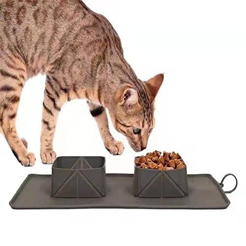 Collapsible Dog Bowl, Silicone Double Pet Cat Bowl Mat, Folding Puppy Food Water Bowls, Portable Dog Bowl for Home Travel Hiking,Blue