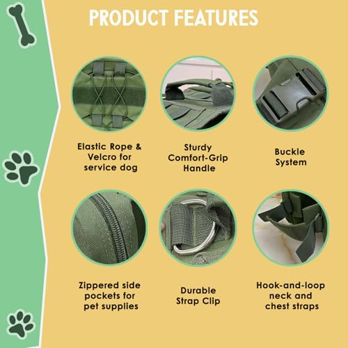Tactical Dog Backpack Harness – Large, Army Green, 2 Ample Side Pockets | Water Resistant Saddle Bags for Hiking & Camping, Sturdy Vest Fits Medium & Large Dogs - size: Large