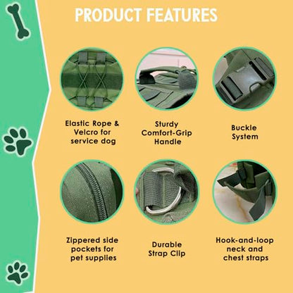 Tactical Dog Backpack Harness – Large, Army Green, 2 Ample Side Pockets | Water Resistant Saddle Bags for Hiking & Camping, Sturdy Vest Fits Medium & Large Dogs - size: Large