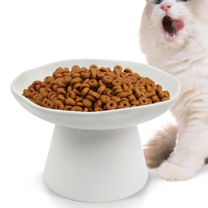 VCEPJH Raised Cat Food Bowls Shallow Cat Plate Ceramic Elevated Cats Dish 6.1in Flat Anti Whisker Fatigue Wide Pet Food & Water Feeder for Indoor Kitty Kitten (White) - color: white