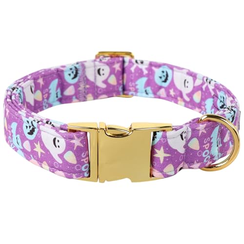 Maca Bates Halloween Dog Collar Spooky Ghost Dogs Collars Purple Puppy Colar Durable Soft Adjustable Birthday Gift for XS Small Medium Large XL Girls Boys Male Female Dogs Pet with Metal Buckle - color: Halloween-Basic-purple ghost, size: S
