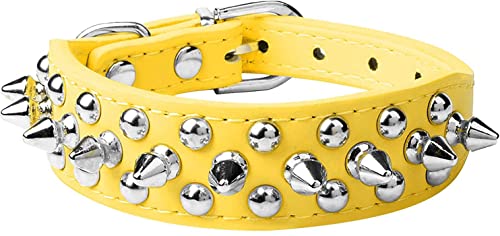 Spiked Dog Collar Soft Pu Leather Mushrooms Rivet Spike Studded Puppy Adjustable Pet Collars for Small Breeds (S, Yellow) - color: Yellow, size: Small