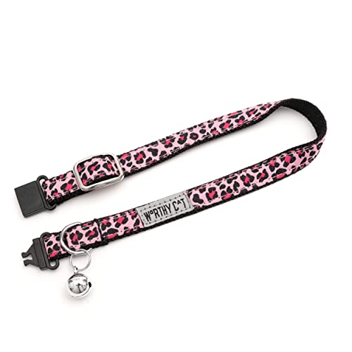 THE WORTHY DOG Patterned Leopard Cat Collar with Bell, Adjustable Nylon Safety Collar, Lite Pink, One Size - color: Pink-Leopard