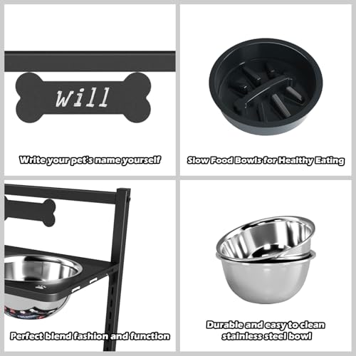 ADENGL 9 Height Adjustable Dog Bowl Stand with Two 1.7L Stainless Steel, Slow Feeder Bowls and Nonslip Pad, Perfect for Medium and Large Dogs - color: Black, Slow Feeder with Dog Group Mat, size: Large Dogs