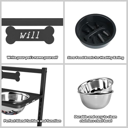 ADENGL 9 Height Adjustable Dog Bowl Stand with Two 1.7L Stainless Steel, Slow Feeder Bowls and Nonslip Pad, Perfect for Medium and Large Dogs - color: Black, Slow Feeder with Dog Group Mat, size: Large Dogs
