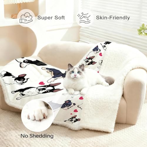 BlessLiving Boston Terrier Sherpa Blanket Queen Size 90x90 Inches - 3D Red Hearts Puppy Dog Print Super Soft Plush Fleece Throw for Adults, Women, Pet Lovers, Cute Animal Themed Gift - color: Boston Terrier, size: Queen, 90 x 90 Inches