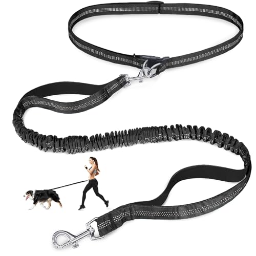Laqibak Hands Free Dog Leash, Adjustable Waist Leash for Dog Walking, Dual Bungee 4.2-6.7 Feet Long with Reflective Stitches for Walking Hiking Running, Fits 26"- 43" Inch Waist, Black - color: Black
