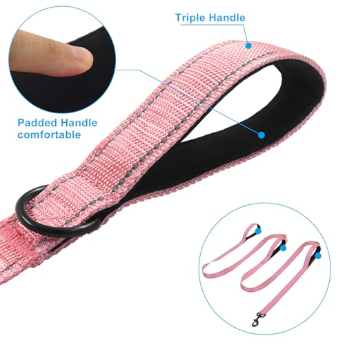 Jiozermi 10ft Dog Leash with 3 Handles, Heavy Duty Dog Lead with Padded Traffic Handle, Reflective Stitching Large Leash for Running Walking Training(Hot Pink) - color: Hot Pink