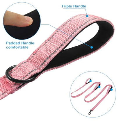 Jiozermi 10ft Dog Leash with 3 Handles, Heavy Duty Dog Lead with Padded Traffic Handle, Reflective Stitching Large Leash for Running Walking Training(Hot Pink) - color: Hot Pink