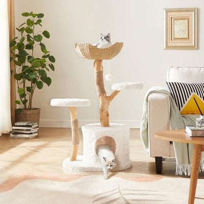 Unipaws Modern Cat Tree Tower for Small and Large Cats, Real Solid Wood Branch Luxury Cat Condo with Scratching Post and Cat Bed, Indoor Furniture for Cat Lover Gifts - size: Cat Tree (2 Platforms & 1 Basket)