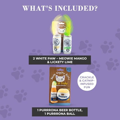 Haute Diggity Kitty White Paw Mango & Lime + Purrrona Beer Bottle & Ball Set, Plush Cat Toys Catnip Filled with Interactive Crackle Sound, Safe & Durable Toys for Cat & Kitten, 4 Pcs - style: Kitty WP Mango & Lime + Purrrona Beer Bottle & Ball