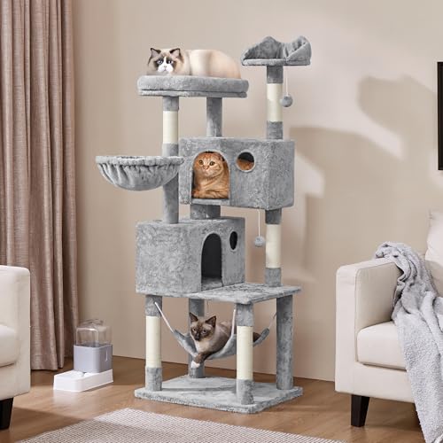 Yaheetech 64.5in Extra Large Multi-Level Cat Tree Kittens Play House Condo with Platform, Perch Hammock & Scratching Posts, Light Gray - color: Light Gray, size: 64.5in