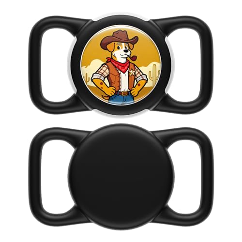 Dog AirTag Holder for Dog Collar, Soft Silicone Slide-On Case for Apple AirTag, No-Dangle Quiet Protective Holder with Eye-Catching Pet Character Designs, Black-Cowboy Sheriff - color: Black-Cowboy Sheriff, size: Regular