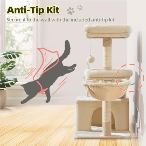 Taoqimiao MS043M Cat Tree, 32.2-Inch Cat Tower for Indoors Cats, Cat Condo with Large Cat Perch, Spacious Cat Cave, Scratching Posts for Small and Medium Cats, Beige - color: Beige