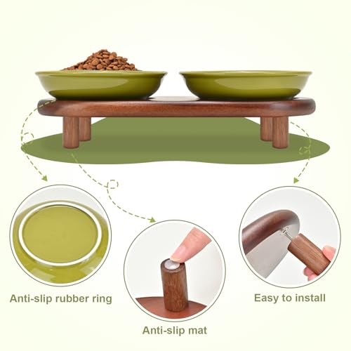 SPUNKYJUNKY Shallow Elevated Cat Bowl with Acacia Wood Stand Wide Raised Ceramic Cat Dishes Whisker Friendly Pet Food and Water Plates (Striped Pattern, Green) - color: Green