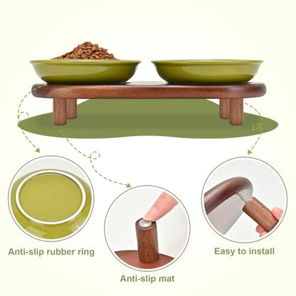 SPUNKYJUNKY Shallow Elevated Cat Bowl with Acacia Wood Stand Wide Raised Ceramic Cat Dishes Whisker Friendly Pet Food and Water Plates (Striped Pattern, Green) - color: Green