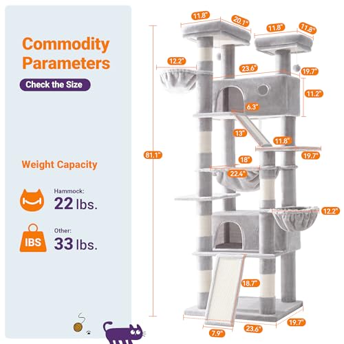 Allewie 81 Inches Tall Cat Tree/Multi-Level Large Climbing Tree House and Towers for Big Feline/Condo and Hammock/Scratching Post/Wide Base/Grey - color: Grey