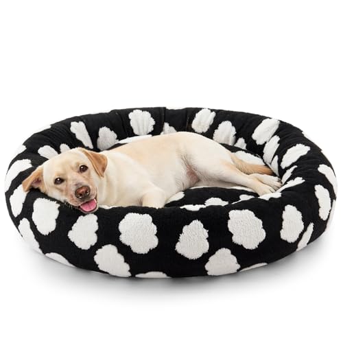 JOEJOY Donut Large Dog Bed, Cute Round Calming Dog Bed with Removable Washable Cover, Orthopedic Pet Beds with Jacquard Shaggy Plush & Non Skid Bottom, Black - color: Black, size: L (36x36x10)