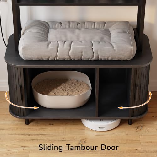 ONBRILL 54 Inch Hidden Litter Box Furniture with Shelves and Outlets,Fluted Cat Litter Box Enclosure, Mid-Century Modern Wooden Cat House with Sliding Tambour Door and Hooks, Black - color: Black