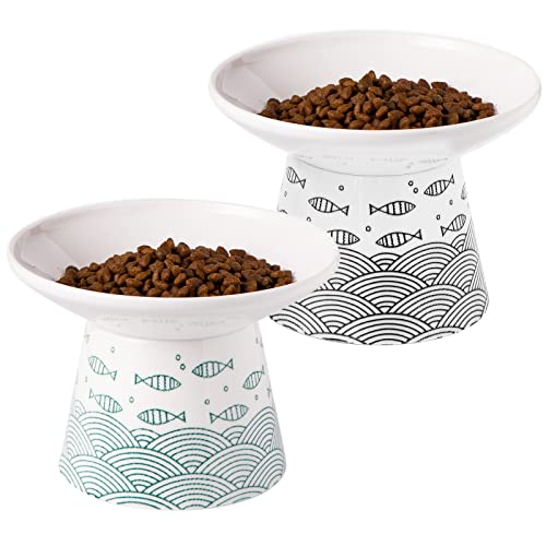 6.25 Inch Extra Wide Ceramic Raised Cat Bowls, Elevated Cat Bowls for Food & Water, Wide Shallow Cat Food Dish, Whisker Fatigue, Stress Free, Protect Spine, Black & Green Fish - color: Black & Green Fish