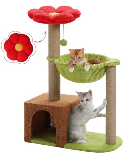 MUTTROS Flower Cat Tree with Sisal Scratching Posts, 35" Cute Cat Tower with Large Green Hammock for Small Indoor Cats, Cat Condo with Removable Flower Bed for Kittens, Brown - color: Forest Brown, size: 35" Upgraded Flower Cat Tree