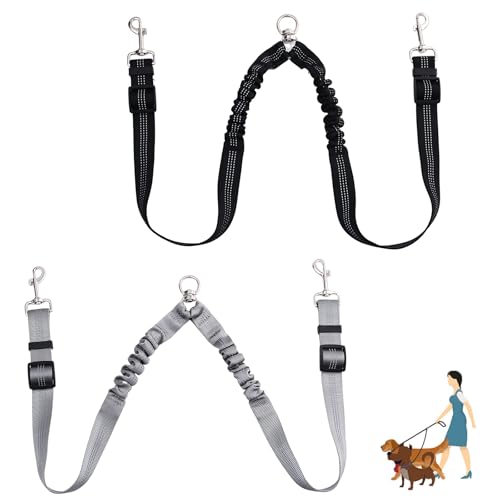 2 Pcs Double Dog Leash, No Tangle for Walking 2 Dogs Adjustable Length Leash Reflective Splitter for Large and Small Dogs(Black, Grey)