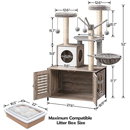 HOOBRO Cat Tree with Litter Box Enclosure, 27.6" L x 18.9" W x 52" H, All-in-One Wooden Cat Tower, Cat Furniture for Indoor Cats, Cat Condo with Hammock, Detachable Teaser Sticks, Greige BG14MZ03 - color: Greige