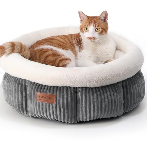 FUKUMARU Cat Bed, Corduroy Round Cat Beds for Indoor Cats, Washable Fluffy Pet Bed for Cats and Puppy, Soft Cute Small Dog Beds, Grey - color: Grey