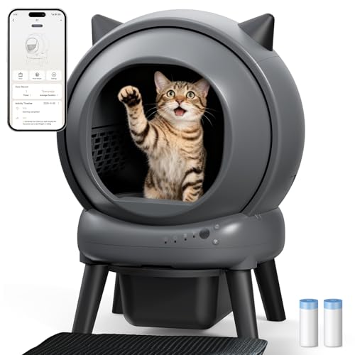 Self Cleaning Litter Box for Multiple Cats, E2 Automatic Cat Litter Box, Self-Cleaning Robot with Smart APP Control and Health Monitoring, Includes 2 Roll Trash Bag and Litter Mat, Grey - color: Grey