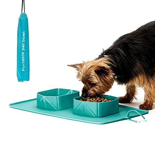 Collapsible Dog Bowl, Silicone Double Pet Cat Bowl Mat, Folding Puppy Food Water Bowls, Portable Dog Bowl for Home Travel Hiking,Blue