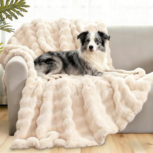 Waterproof Dog Blanket for Sofa Bed Couch, Couch Cover Blanket Fluffy Faux Rabbit Fur Reversible Furniture Protection, Pet Blanket for Medium Large Dogs Cats - color: Beige, size: L-50x60"