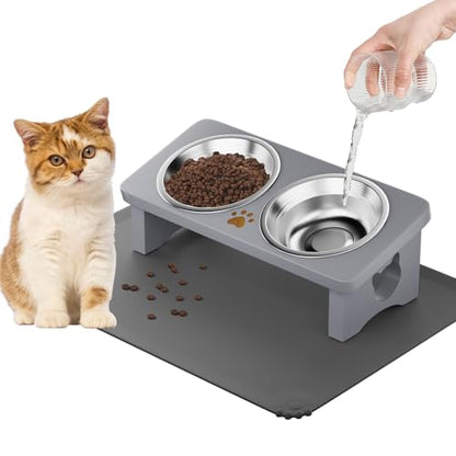 Elevated Cat Bowls, 15° Tilted Raised Cat Food Bowl with Solid Wood Stand & Stainless Steel Dishes, Cat Feeding Station with Silicone Mat, Helps Reduce Vomiting for Cats & Small Dogs(Slate Grey) - color: Gray