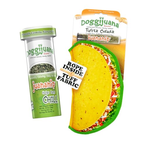 Doggijuana Taco Chewsday Bundle | Tuffer Chewer Taco Plush Squeaky Dog Toy and Juananip Refill Bottle | Calming Aid for Dogs | Organic Catnip Grown in North America | Promotes Relaxation and Play - style: Taco & Juananip