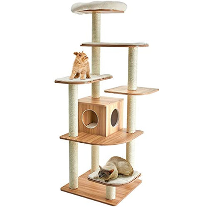 Tangkula Tall Cat Tree, 69-Inch Modern Cat Tower with Sisal Rope Scratching Posts, Wood Cat Tree with Multi-Layer Platform, Cat Condo Furniture with Washable Cushions for Indoor Cats Large Adult - color: Natural