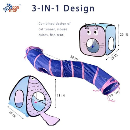 GONPETGP Cat Tunnel for Indoor Cats with Cube Tent Toys Combo, Crinkle Paper Collapsible Interactive Pet Cat Tubes with Play Ball and Bell for Puppy, Kitty, Kitten, Rabbit (3 in 1 Set) - color: Blue