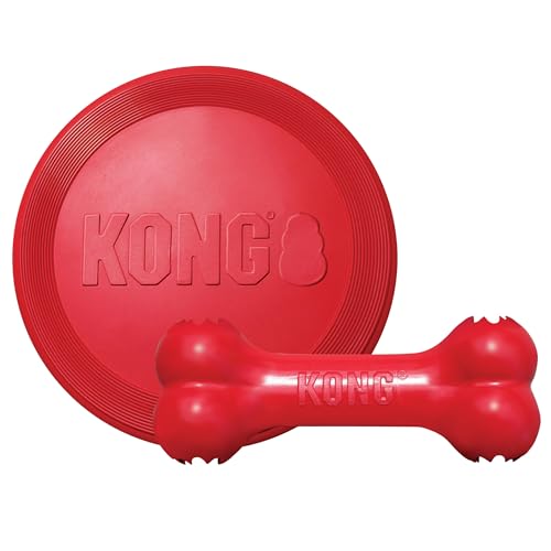 KONG Goodie Bone & Flyer - Dog Toys to Enrich Playtime - Dog Bone & Soft Throwing Disc Support Mental Engagement - Rubber Bone for Treats - Rubber Flying Disc with Dynamic Rebound - for Medium Dogs - size: Medium