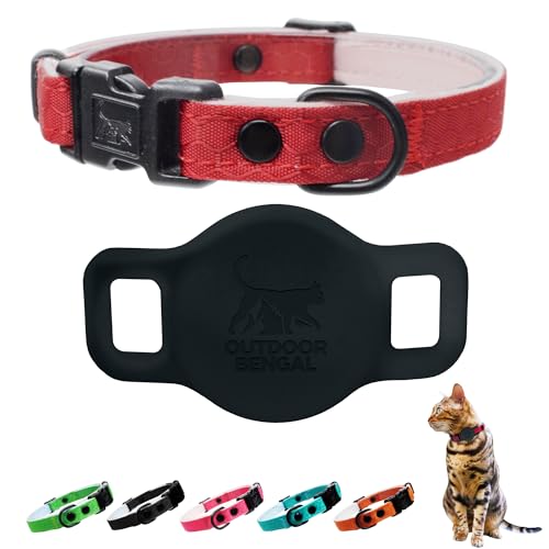 OutdoorBengal Breakaway Cat Collar + Airtag Holder, No Bell - Compatible Silicone Case, Breakaway Airtag Cat Collar for Apple Air Tag - Waterproof Tracking Collars for Boy, Girl, Cats, Kittens (Red) - color: Cherry Red