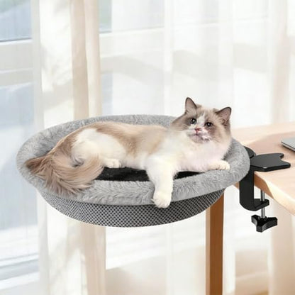 Cat Desk Bed Attachment with Clamp Attached to Desk Perch with Removable Washable Cover Soft Faux Rabbit Fur Material Cat Hammock Nest Suitable for Various Desktops Maximum Hold up to 50lb - color: Gray