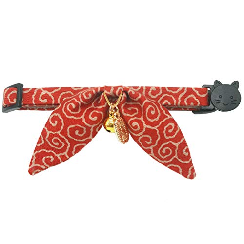 Bunny Ears Cat Collar, Japan Lucky ‘開三運’ Charm. Safety Breakaway Bowtie Kitten Collar with Bell, Red - color: Red