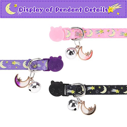 Breakaway Cat Collars with Bell & Cute Pendants, 3 Pack Safety Buckle Kitten Collars, Adjustable Pet Collar Ideal for Girl Boy Cats Puppy (Moon&Star) - color: Style A - Moon