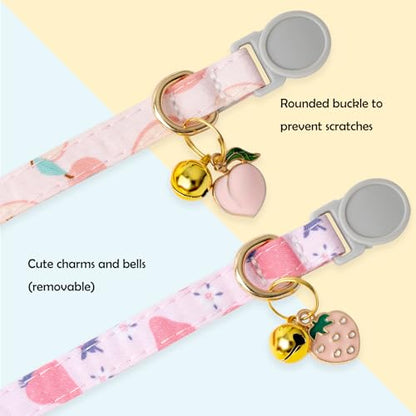 Faygarsle 2 Pack Breakaway Cat Collar with Bells for Female Girl Cats Cute Pink Collar with Peach Strawberry Charm Summer for Cats - color: Pink