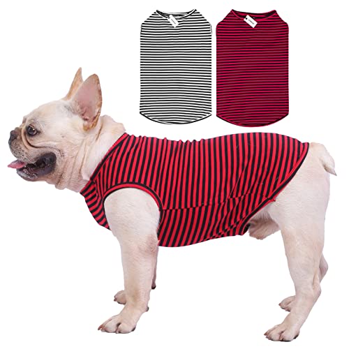 Dog Shirts Cotton Striped T-Shirts, Breathable Basic Vest for Puppy and Cat, Super Soft Stretchable Doggy Tee Tank Top Sleeveless, Fashion & Cute Color for Boys and Girls (M, Black+Red) - color: Black+Red, size: M