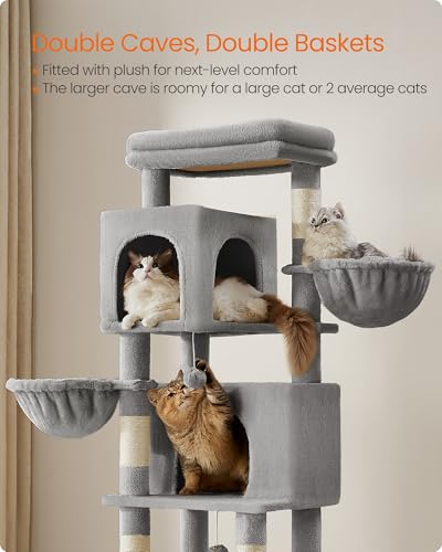 Feandrea Cat Tree, 69-Inch Tall Cat Tower, Multi-Level Plush Condo with 2 Caves, 2 Baskets, 5 Scratching Posts, Self-Groomer, Perch, Hammock, Dove Gray UPCT182G01 - color: Dove Gray