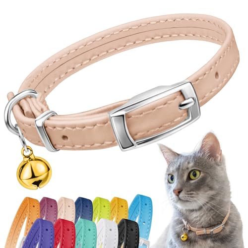 CollarDirect Leather Cat Collar with Removable Bell – Safety Elastic Strap (Breakaway Alternative) – Kitten Collar for Small & Big Boy & Girl Cats - color: Beige, size: 6-7 Inch