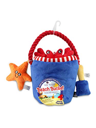 Bow Wow - Pet Beach Bucket 4PC Plush Dog Toy Set with Squeaker | Hide & Seek Interactive Puppy Toys for Small to Medium Dogs | Soft Chew Toys for Indoor Play | Durable Plush | All Life Stages - color: Silver