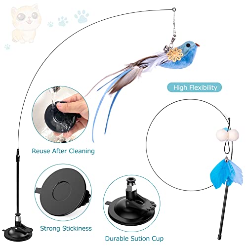 Cat Toys Wand, Interactive Cat Toy with Super Suction Cup Sticky Detachable 12 PCS Feather Replacements 2 Wands Cat Spring Feather Toys for Indoor Cats Kitten Toys (4 Birds Replacements) - color: 4 Birds Replacements