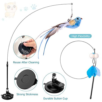 Cat Toys Wand, Interactive Cat Toy with Super Suction Cup Sticky Detachable 12 PCS Feather Replacements 2 Wands Cat Spring Feather Toys for Indoor Cats Kitten Toys (4 Birds Replacements) - color: 4 Birds Replacements