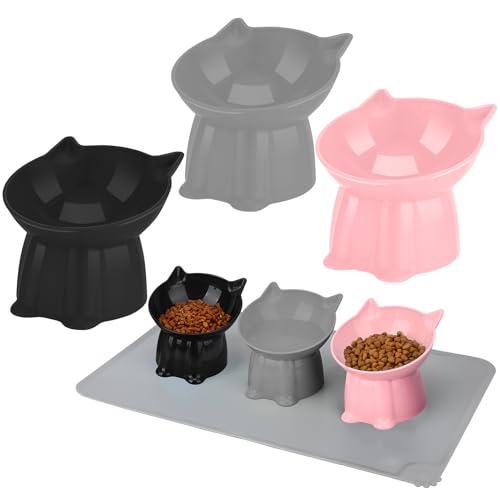 3 Pcs Elevated Cat Bowls 15°Raised Cat Food Bowl with Silicone Mat Whisker Friendly Anti Vomiting Cats Dishes Pet Food and Water Bowls for Indoor Cats Kittens Classic Pink, Grey, Black Pink, Grey, Bla - color: Pink, Grey, Black